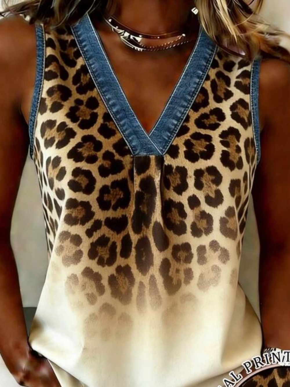 Leopard Print V-Neck Sleeveless Top - Brown